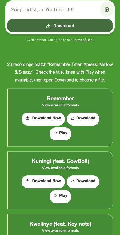 The highlighted Download control beside a result opens its conversion choices. - Mp3Juice